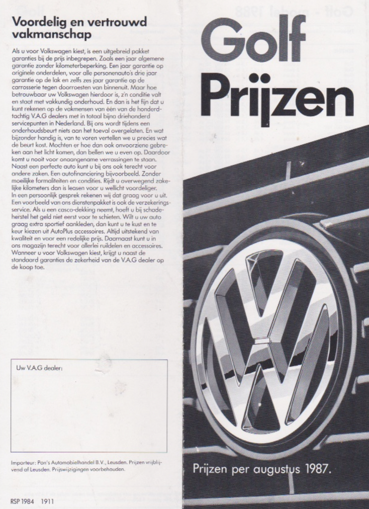 Golf MK2 1988 Price List Brochure (PDF File)