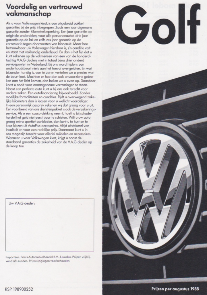 Folleto de lista de precios del Golf MK2 1989 (archivo PDF)